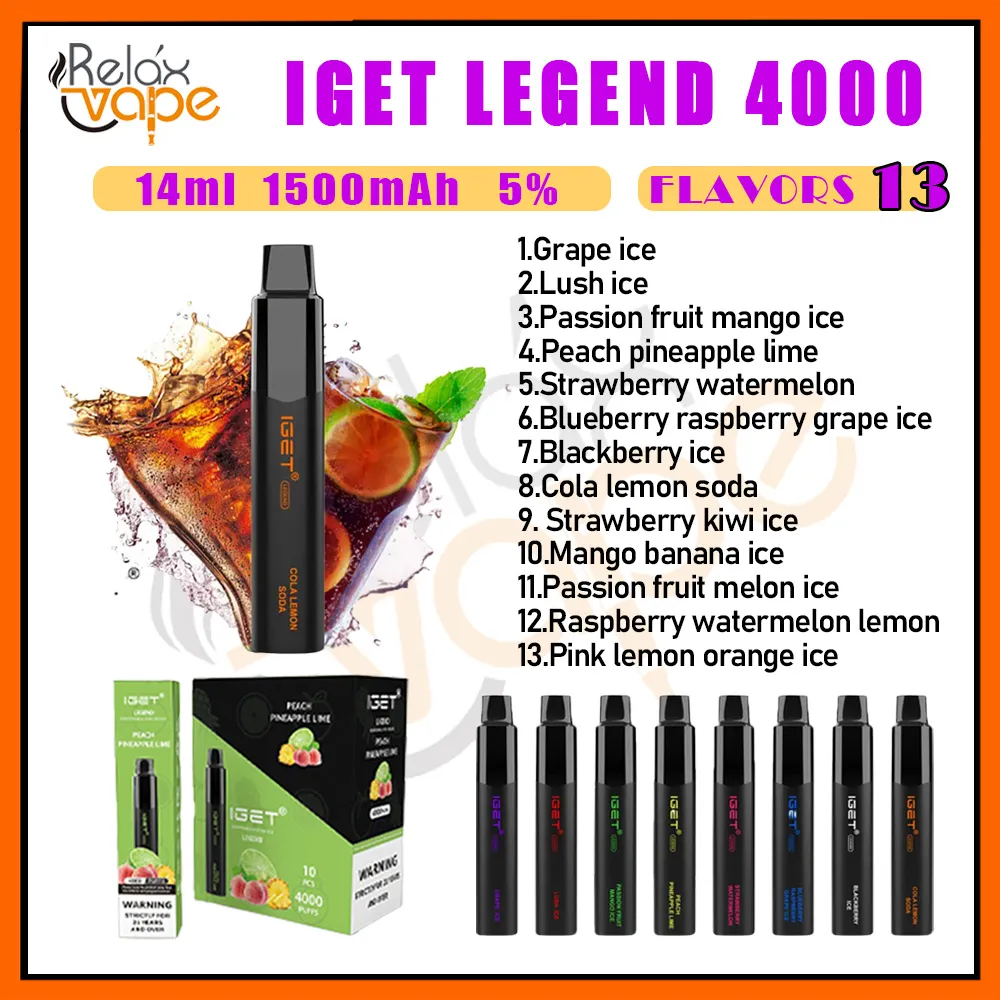 オリジナルのIget Legend 4000 Puff使い捨て蒸気4KパフペンEタバコポッドメッシュコイル13フレーバーレベルキットパワフル1500MAHバッテリー