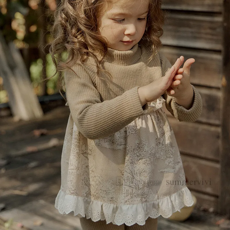 Chemise de poupée tricotée pour filles, col haut, manches longues, épissage, dentelle imprimée, broderie creuse, chemisier d'hiver pour enfants, chemise de fond princesse assortie Z5589