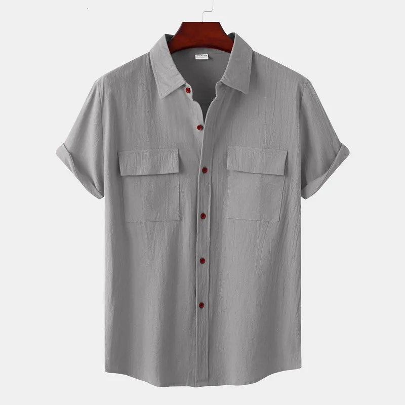 Camisas casuais masculinas linho de algodão camisas brancas sólidas para homens verão bolso duplo de manga curta camisa casual férias comerciais respiráveis ​​Camisas 230425