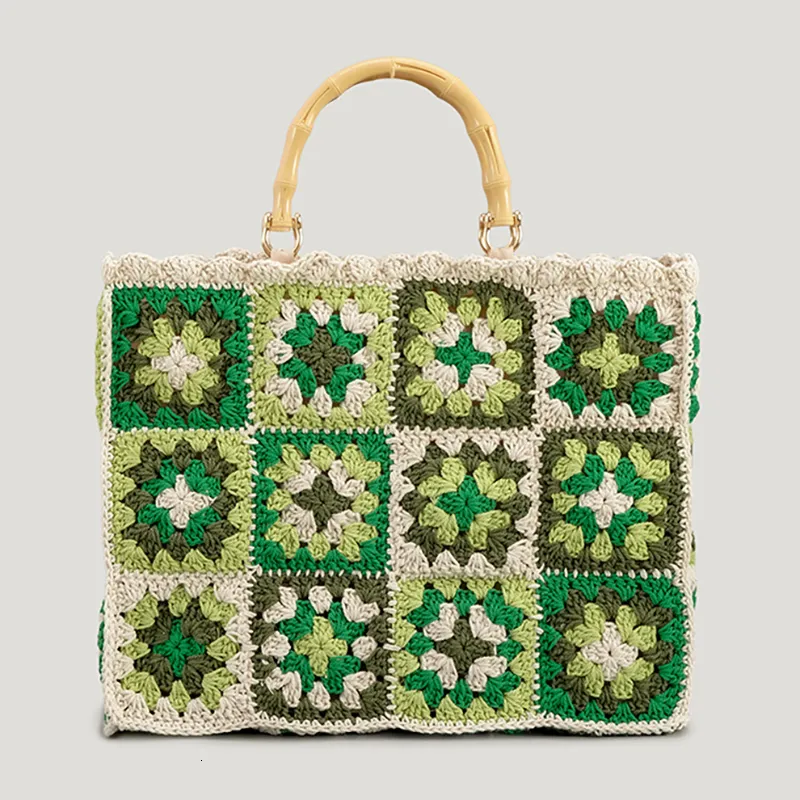Shopping Bags Bohemian Large Crochet Tote Bag Vintage Bamboo Handle Women Handbgs Granny Square Knitted Hand Bags Trend Big Lady Shopper Purse 230426