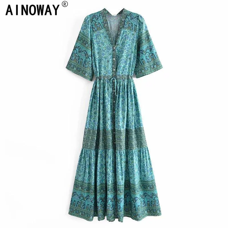 Jurken Vintage Chic Women Floral Print Bat Sleeve Beach Boheemian Happie Dresses Ladies Button V Neck Tassel Summer Boho Maxi Dress