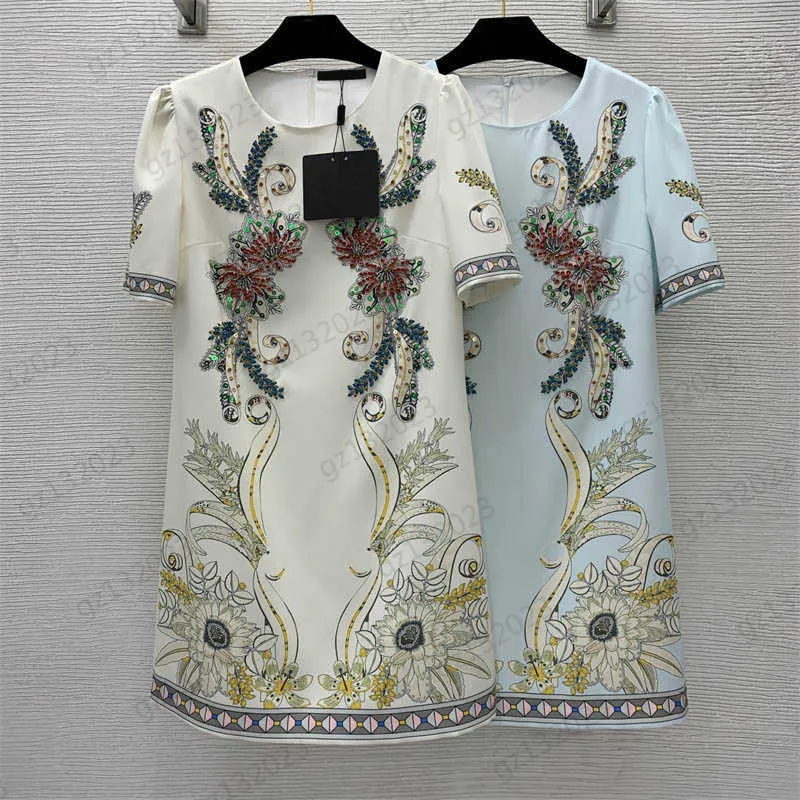 Vestidos de verão vintage floral pérola lantejoulas bordado vestido de mangas curtas clássico design de gola traseira zíper aberto casual vestidos maxiskit para mulheres elegantes