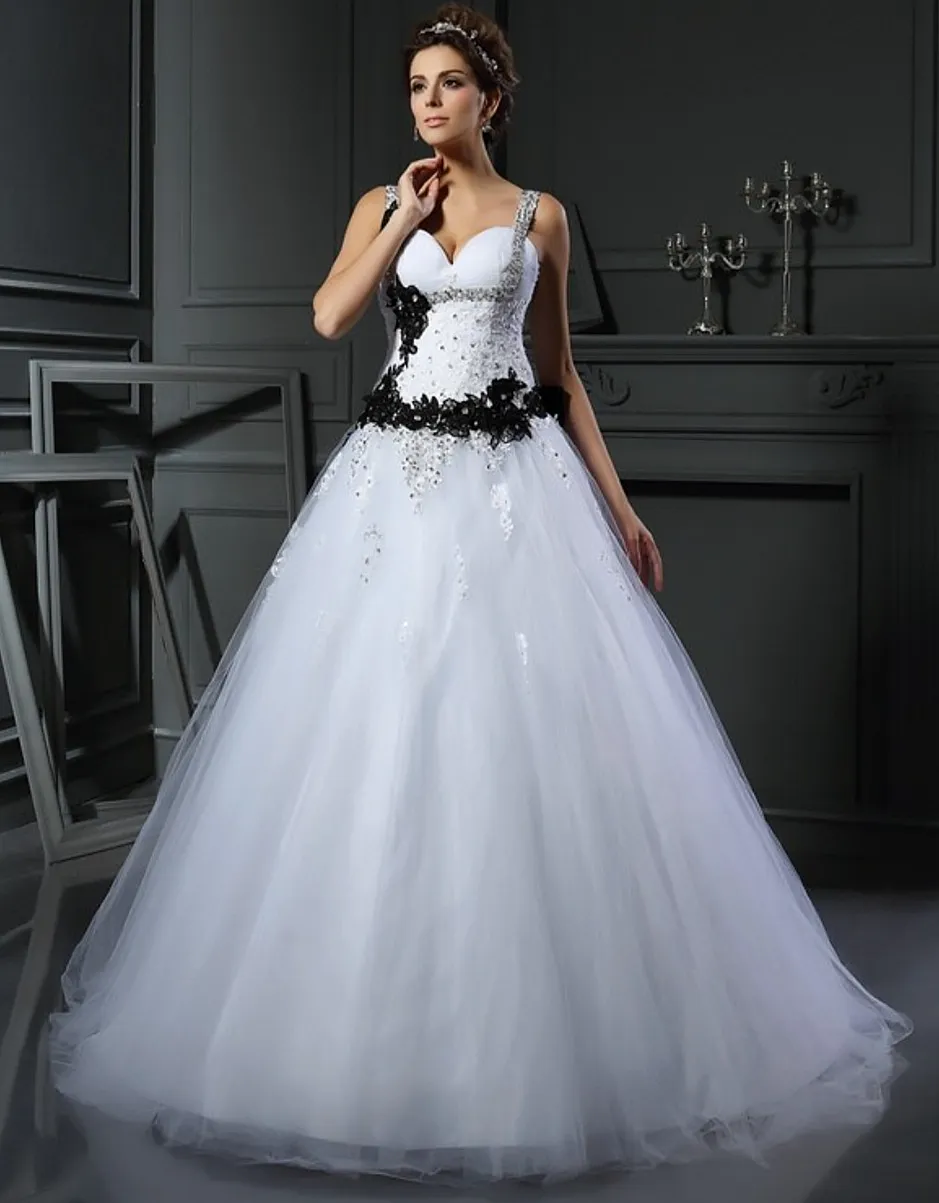 Gothique Noir Et Blanc Une Ligne Robes De Mariée Avec Des Appliques De Dentelle Bretelles Perlées Sans Manches Longues Tulle Robes De Mariée Dos À Lacets Plus La Taille Vintage Robe De Novia 2023