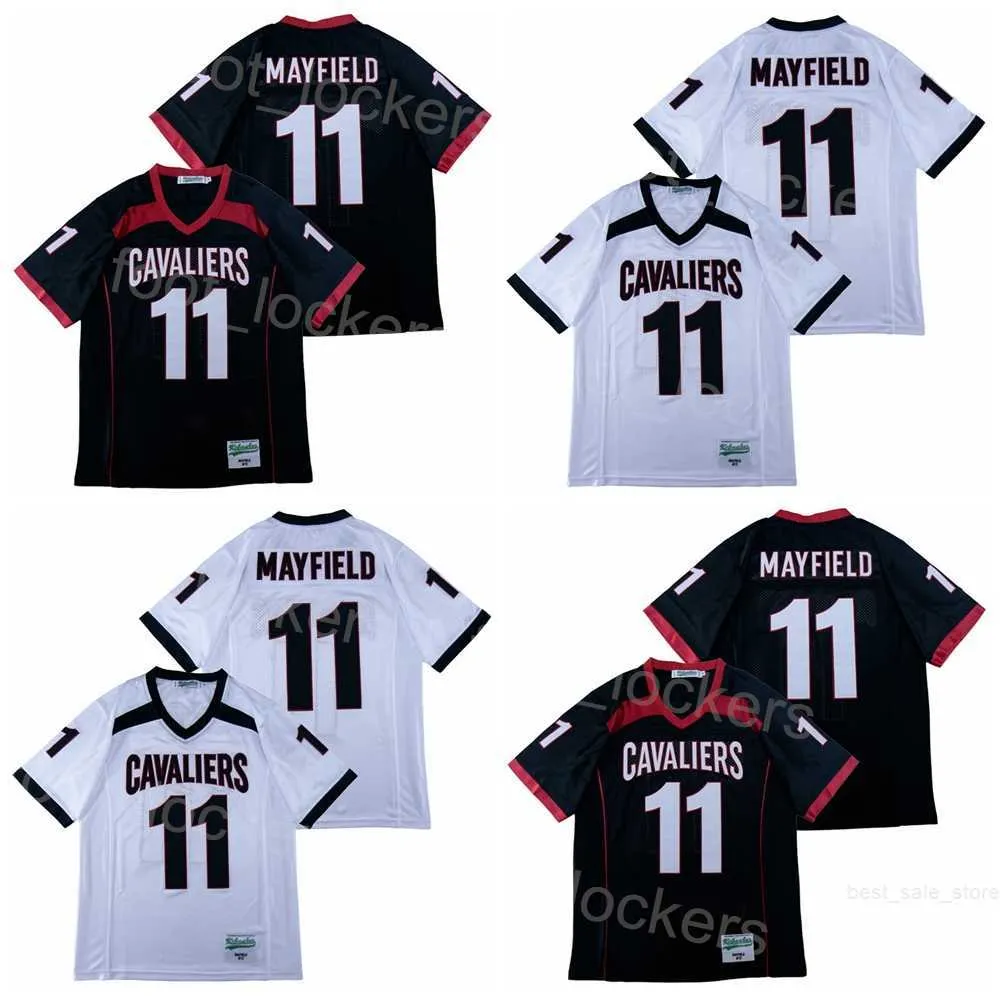 Lycée 11 Baker Mayfield Maillots de Football Cavaliers Lake Travis Moive Broderie Respirant Collège Pull Rétro Pur Coton Noir Blanc Équipe Extérieur Sport