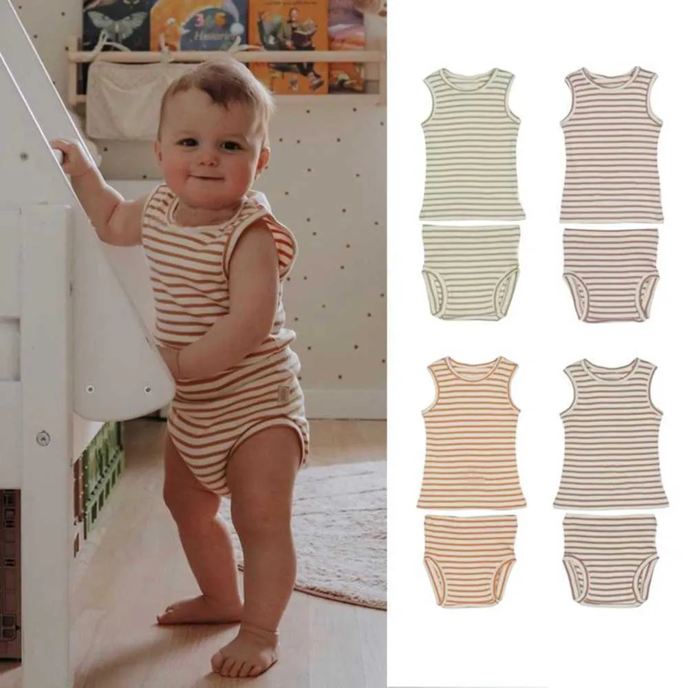 Kledingsets Baby Tank Top 2023 Summer Boys and Girls Striped Home Exchevent Two -Pie