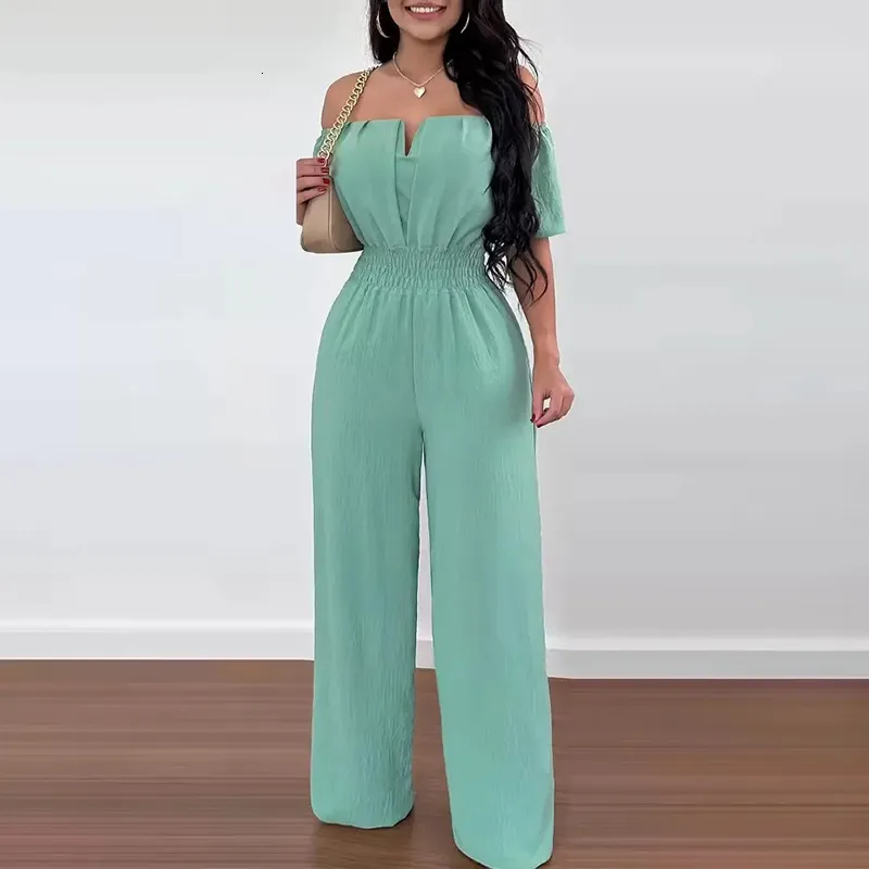 Jumpsuits voor dames rompers zomer dame sexy off-shoulder korte mouwen jumpsuits casual solide kleur elegant pendelduur elastische taille rechte broek romper 230426