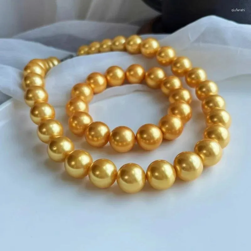 Halsband, 14 mm, goldenes, riesiges, natürliches Tiefsee-Muschelperlen-Halsketten-Armband-Set