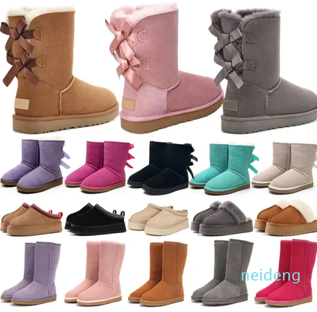 Austrália Chinelos Mulheres Plataforma Botas De Inverno Bota De Neve Clássica Tornozelo Curto Arco Mini Pele Preto Castanha Rosa Sapatos Bowtie Com Caixa