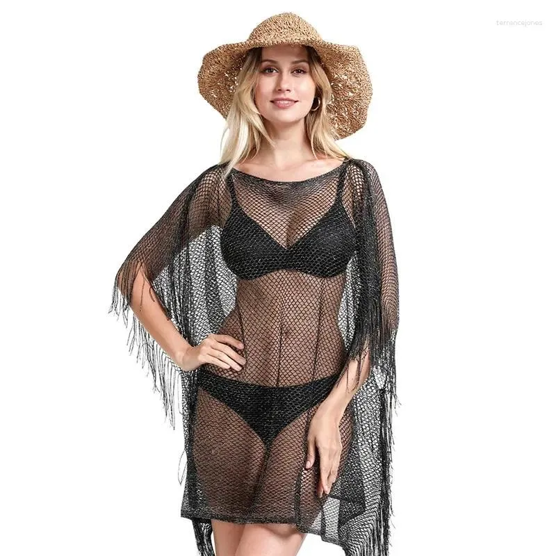 Scarves Spring And Summer Sexy Scarf Fringe Tassel Wraps Sheer Shiny Knitted Tunic Beach Cover-ups Female Women Poncho Feminino