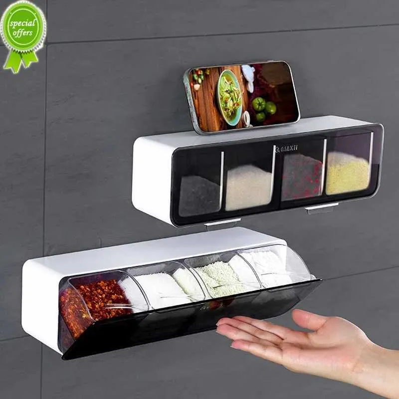 New Wall-mounted Spice Rack Kitchen Seasoning Holder Punch-free Spice Jars Spice Bottles Storage Box Kitchen Organizer Shelf Gadget