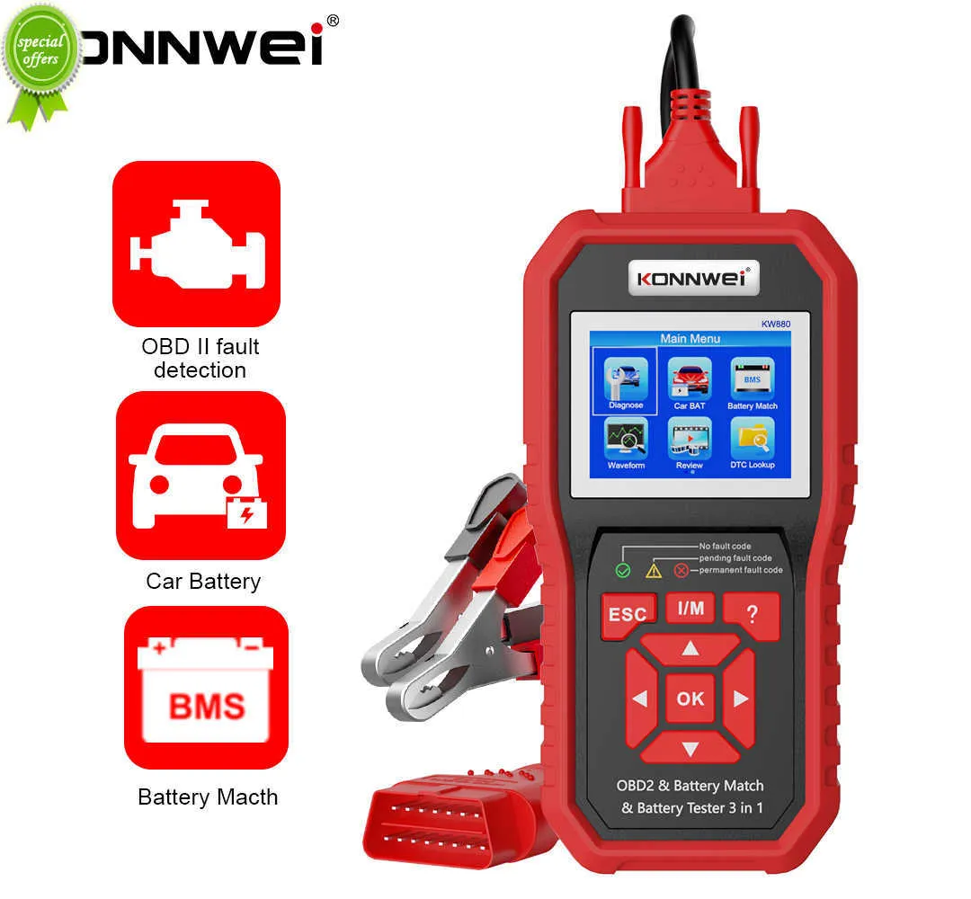 Konnwei KW880 12V bilbatteritestare Analizer Auto Diagnostic Tool Battery Match 3 i 1 bil OBD2 -skanner Full OBD2 -funktion