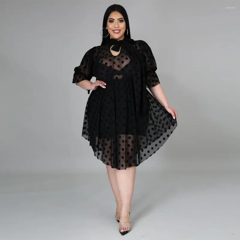 Plus size jurken massieve grote dames stip mesh splicing knie lengte rok rokter net net ronde nek jurk deksel