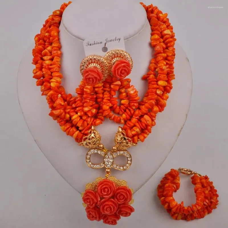 Halsband örhängen Set Costume Coral Jewelry Nigerian Wedding African Beads Orange Bridal