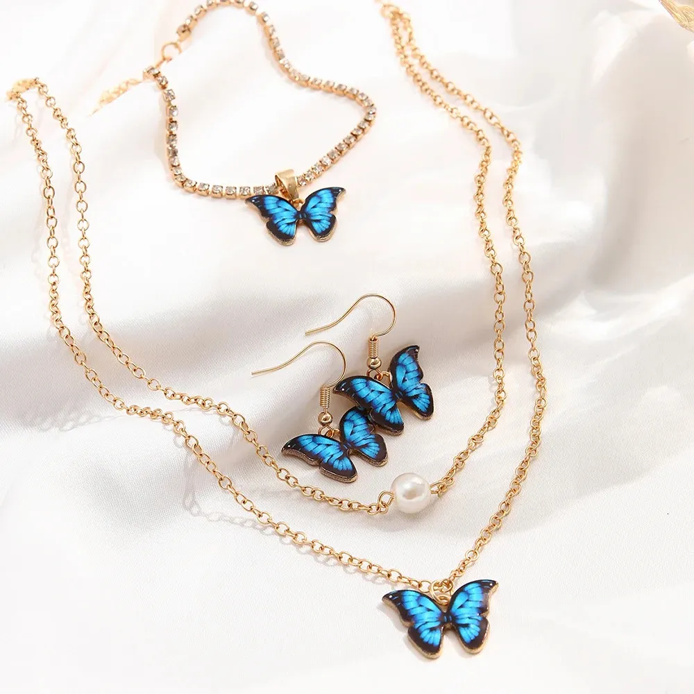 Colares frisados 17km ouro cor corrente colar brincos borboleta azul para mulheres meninas moda minimalista pulseira tendência jóias presentes de festa 231124