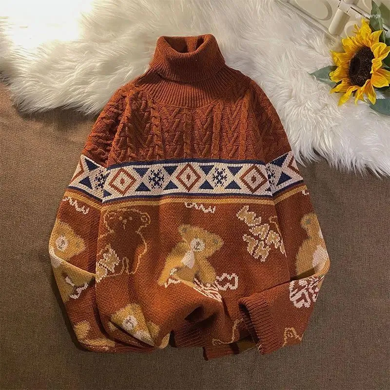 Women's Sweaters Retro Turtleneck Men Women Cute Cartoon Bear Lovers Korean Knitted Pullover Brown Green White Big Size 2023