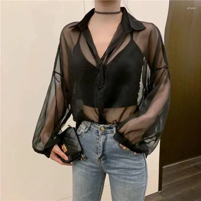 Kvinnors T -skjortor Sexig fisknät Transparent Black Mesh Tops Se genom Solid Puff Sleeve Top Summer Club Party Loose Basic 2023 Fashion
