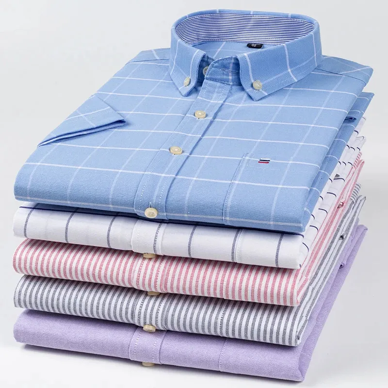 メンズカジュアルシャツ100％綿の通気性メンズオックスフォード半袖夏格子縞の縞模様の男性シャツビジネスレギュラーフィット特大服231124