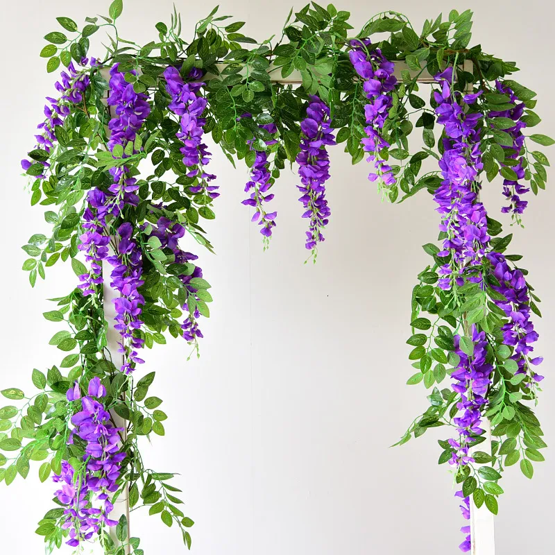 Dekorativa blommor kransar Panas 2m Wisteria Bunga Buatan Tanaman Rambat Karangan Dekorasi Lengkungan Pernikahan Palsu Daun Rotan Ekor Ivy Dinding 230425