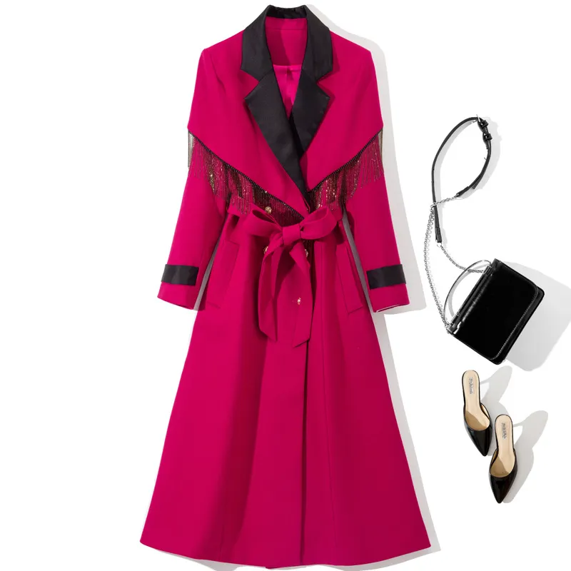 2023 Herbst Hot Pink Kontrastfarbe Gürtel Quaste Trenchcoat Langarm Revers getäfelt Zweireiher lange Oberbekleidung Mäntel Y3N242404