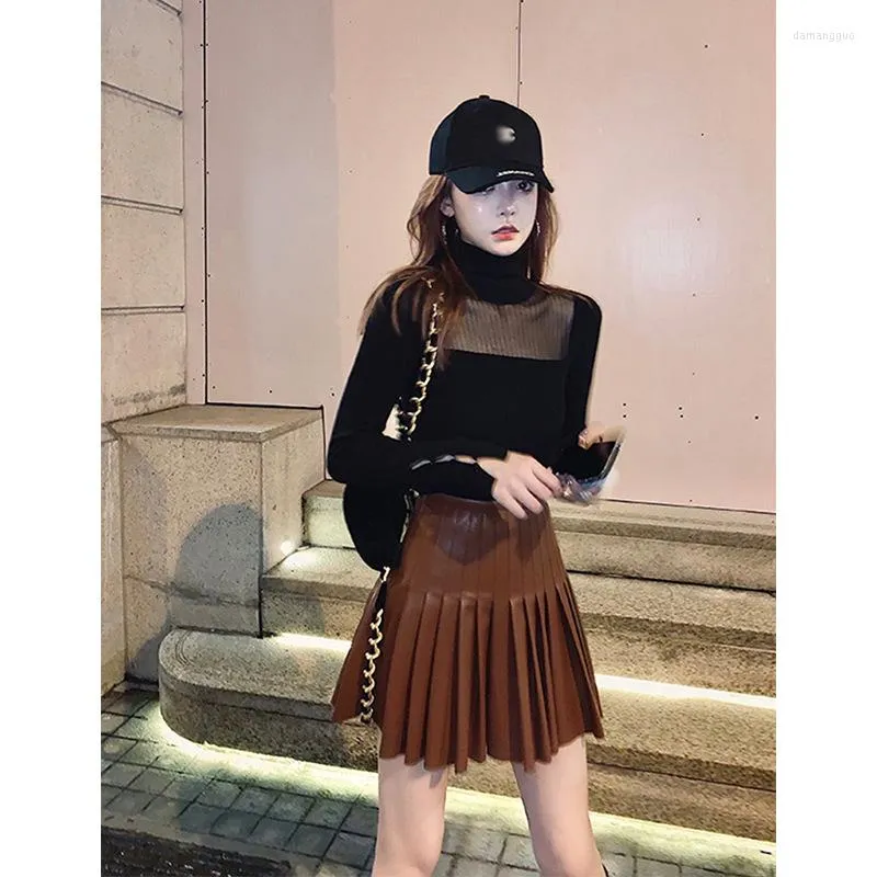 Skirts Japanese Style Short Pleated Leather Skirt For Girls Women's Double Layers PU Skrits