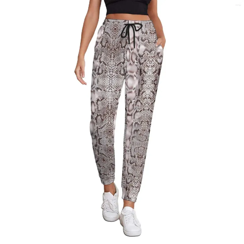 Calças femininas Snakeskin Imprimir Jogger Womens Branco e Marrom Casual Sweatpants Outono Personalizado Street Fashion Oversize Calças Presente Idéia