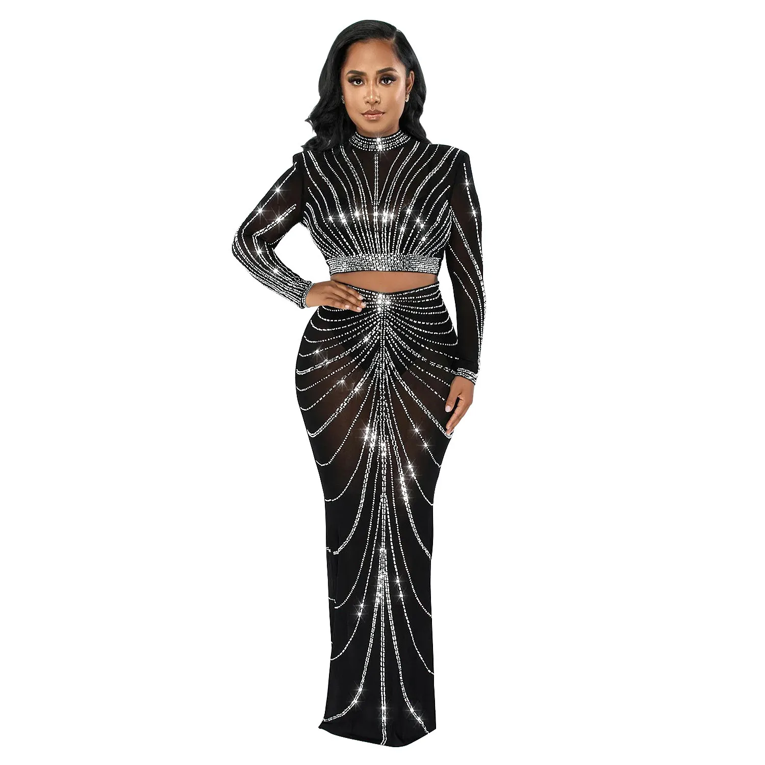 black long sleeve mesh diamond dress Black One Shoulder Slit Long Evening Dress, Black Formal Dress Prom Dr –  Cutedressy main image 0