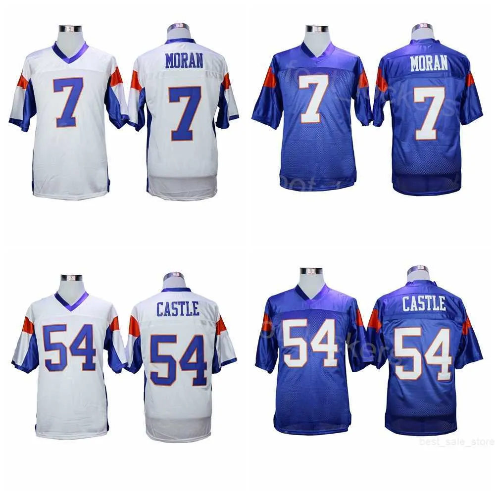 Futebol de cinema 54 camisas do castelo Thad 7 Alex Moran Blue Mountain State Moive College Home Blue Brandable Brandable University for Sport Fãs Bordados High School Man