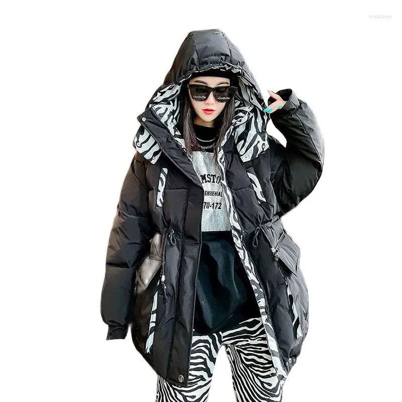 Jaqueta de inverno feminina Zebra impressa o casaco quente e quente 2023 parkas com capuz grosco de casacos solteiros de grandes dimensões