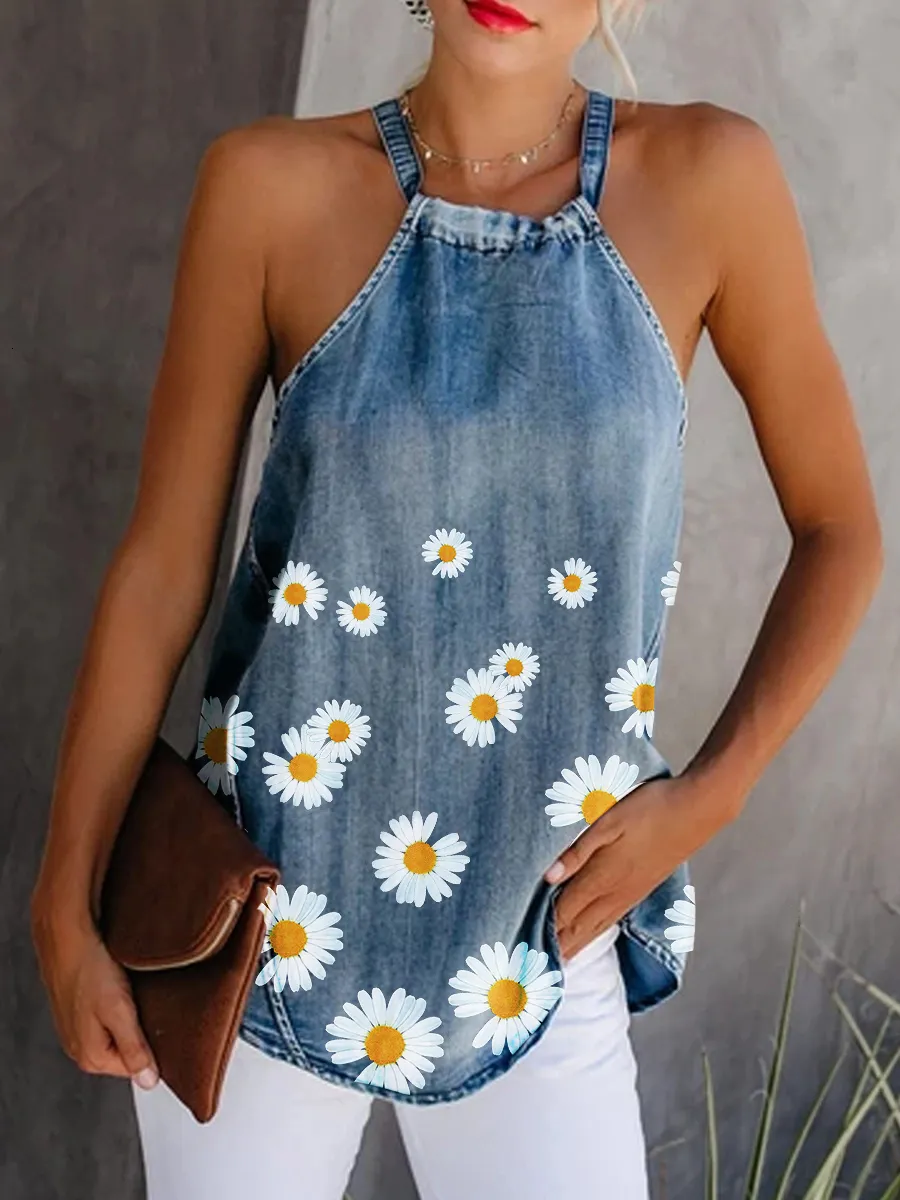 Camisoles Tanks femininos Daisy Tank Halter Bandage Sexy colete sexy Camisola Long Camisole Suresess Print Print Jeans Women Blouse Tops T-shirts 230426
