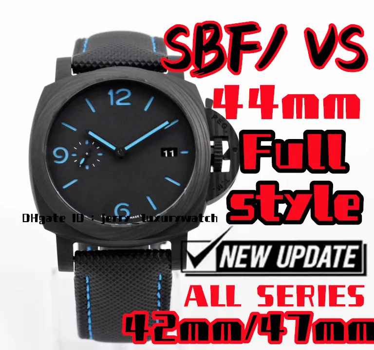 SBF / VS Luksusowy zegarek męski PAM1661 Włókno węglowe, 44 mm wszystkie serie wszystkie style, ekskluzywny ruch P90, Istnieje 42, 47 mm inne modele, 316L Fine Steel