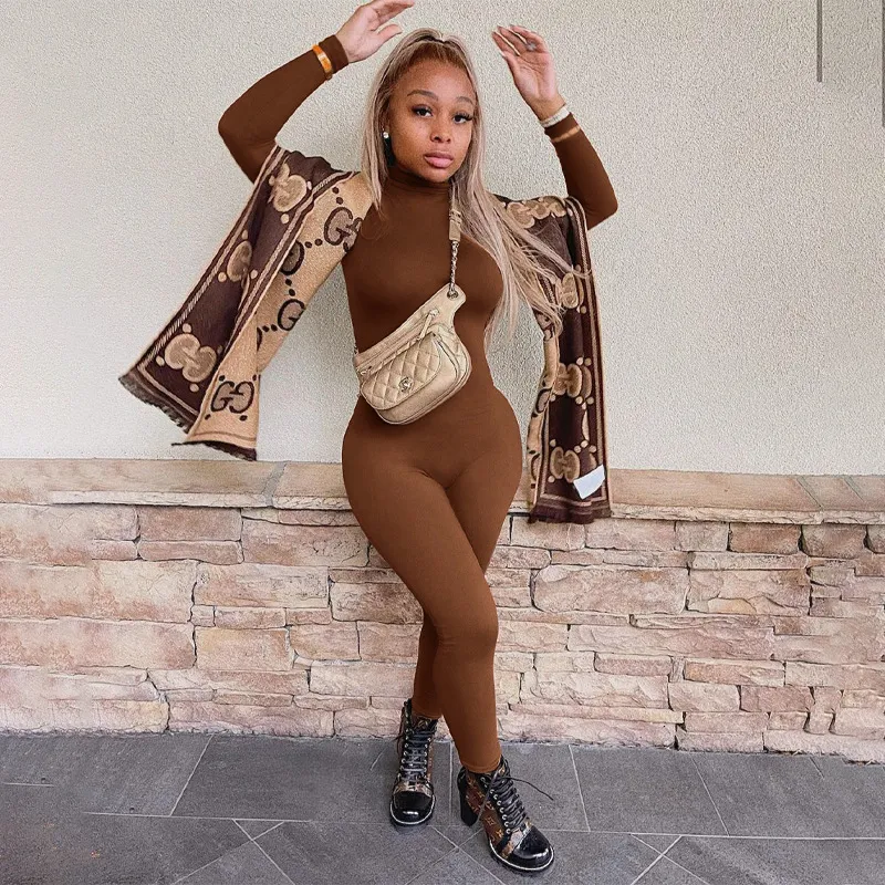 Women's Jumpsuits Rompers Solid Color Women's Jumpsuit Long Sleeved Solid Turtle Neck Tight Fitting Fashion Fiess Casual Top 230425