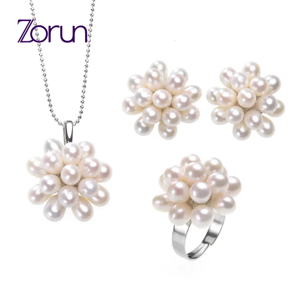 Bracelet Earrings Necklace Zorun Real Natural Freshwater Pearl Wedding Jewelry Sets 5-6MM with Silver Color Design Ring Sets for Women 231124