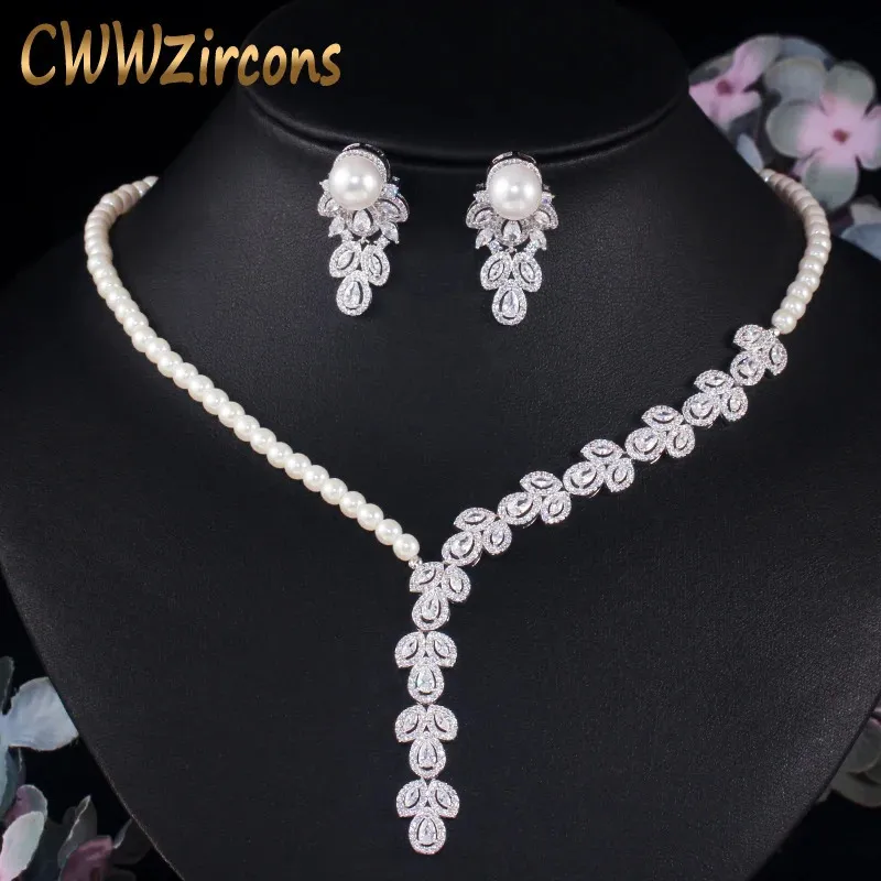 Ожерелья бисера Cwwzircons свисают с каплей кубическая циркония имитируемая жемчужные серьги для женского свадебного костюма для невест T452 231124
