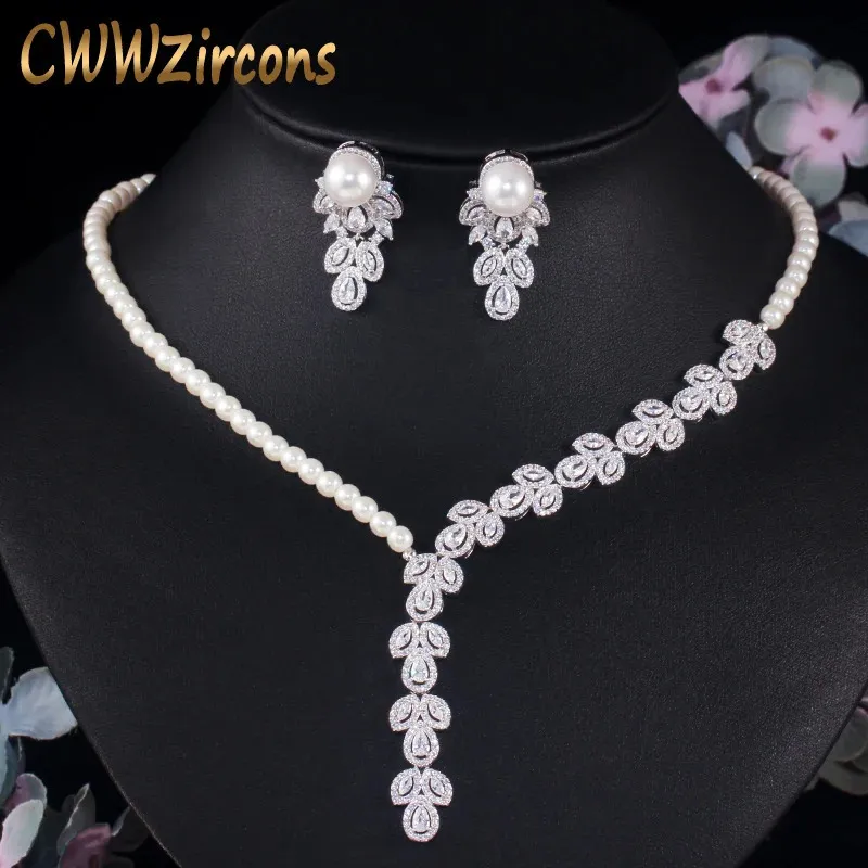 Collares con cuentas CWWZircons Dangle Drop Cubic Zirconia Collar de perlas simuladas Pendientes Mujeres Fiesta Boda Traje Conjunto de joyería para novias T452 231124