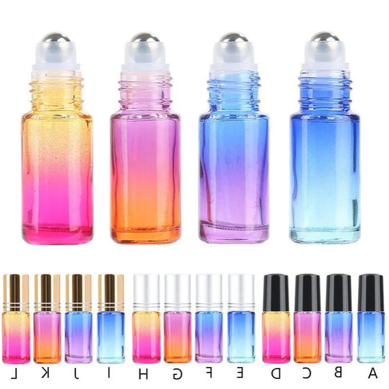 Frascos de vidro de cor gradiente 5ml, frasco de rolo de óleo essencial de perfume com esferas de rolo de aço inoxidável, recipiente de embalagem csveo