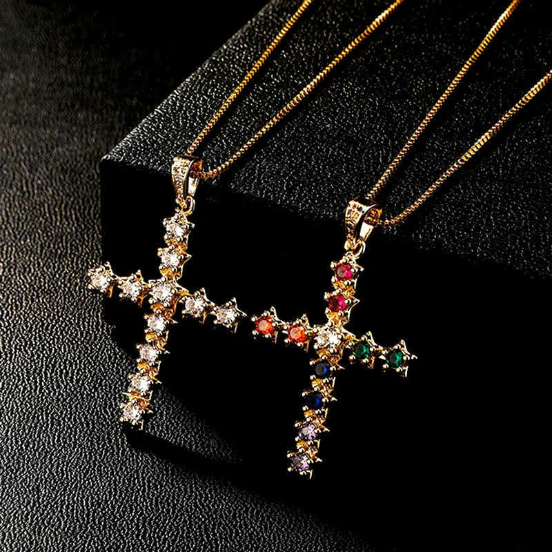 Colorful Full Crystal Spliced Cross Pendant Necklace Iced Out Multi Color Womens Ins Hip Hop Brilliant Starry Sky Personalized Jewelry Bijoux For Women Girls Gifts