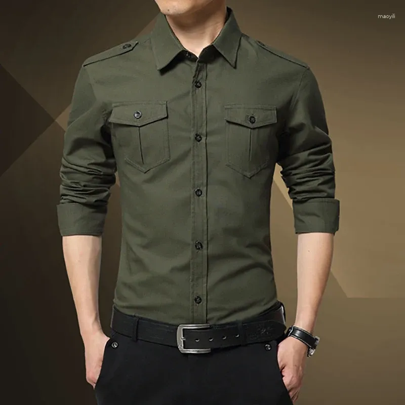 Chemises décontractées pour hommes Chemise de style militaire Couleur unie Coupe ajustée Double poches Rétro Revers Manches longues Hauts Polyvalent Simple Mode Blouse