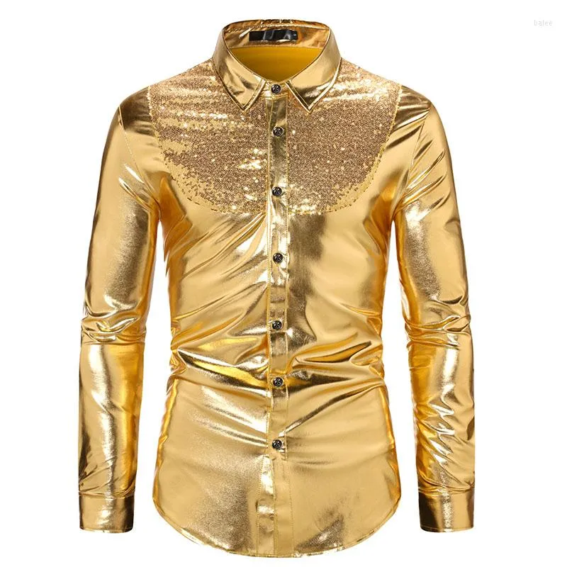 Camisas casuais masculinas lantejoulas metálicas de prata Camisa Glitter Men 2023 70 Disco Party Halloween Traje Chemise Homme Stage Performance
