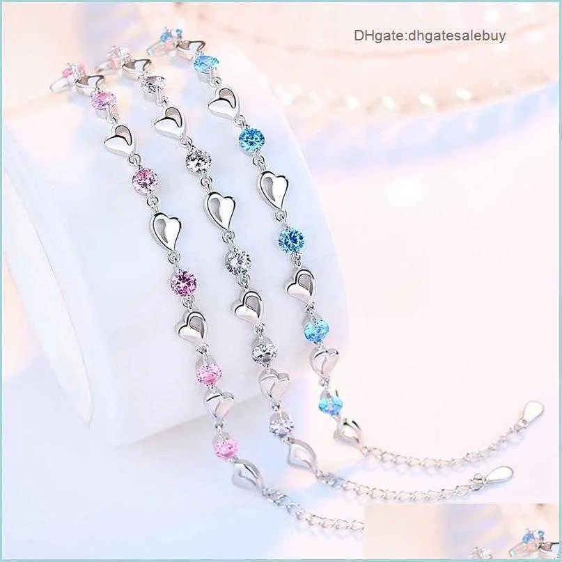 Charm Bracelets 925 Sterling Sier Jewelry Bracelet Retro Simple Colored Heart Shaped Cubic Zirconia Length 17Cmand4Cm Drop Delivery 2 Dhqpl