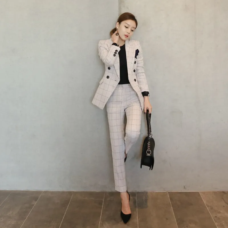 Damskie garnitury Blazers Autumn Women's Korean Style Elegancki moda na lapę podwójnie wybredna dama Business Formalne garnitury kurtki z długimi spodniami Suit 230426