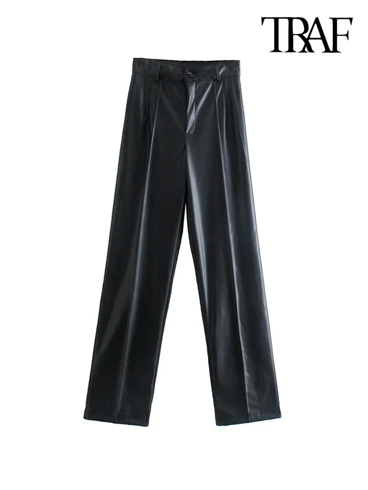 Women's Pants Capris TRAF Women Fashion Faux Leather Straight Pants Vintage High Waist Zipper Fly Female Trousers Mujer 230425