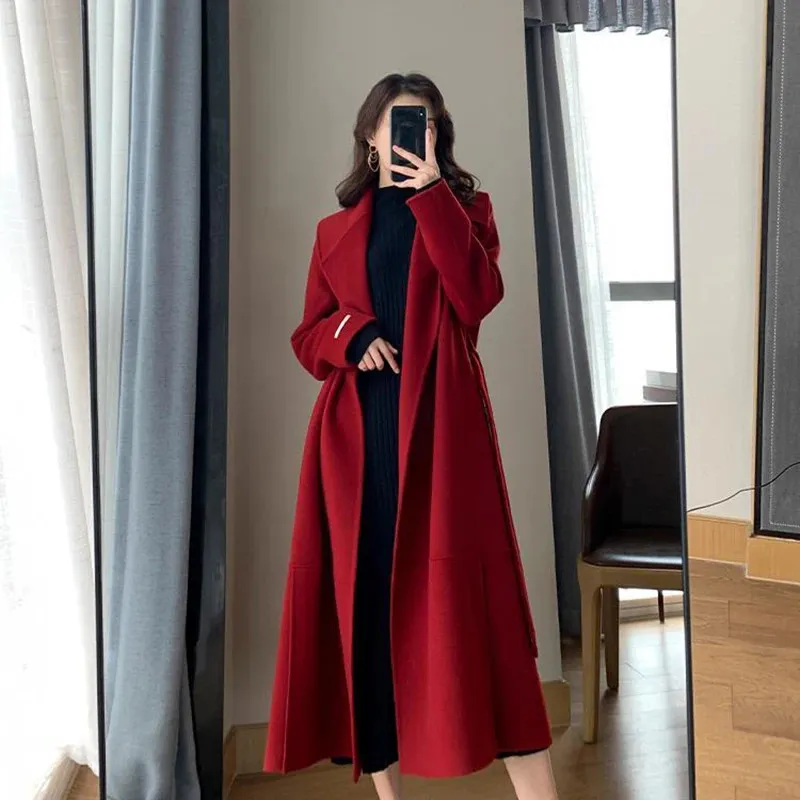 Women's Wool Blends MEXZT Belt Long Coat Vintage Lace Up Woolen Overcoat Korean Bandage Thick Jacket Winter Elegant Red Chic Outwear 231124