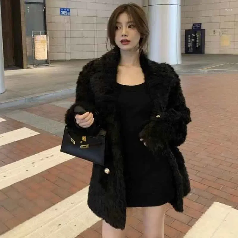 Women's Jackets Autumn Fashion Lamb Fleece Jacket Women Winter Warm Double Breasted Plush Outerwear Loose Solid V Neck Long Sleeve Fur Coats