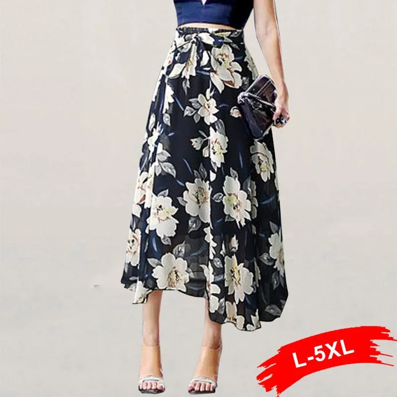 Broek Plus Size Bloemenprint Lange Rok 4Xl 5Xl Dames Strikbinder Strand Maxi Rok 2019 Casual Street chic Boho Zomerrok Dames