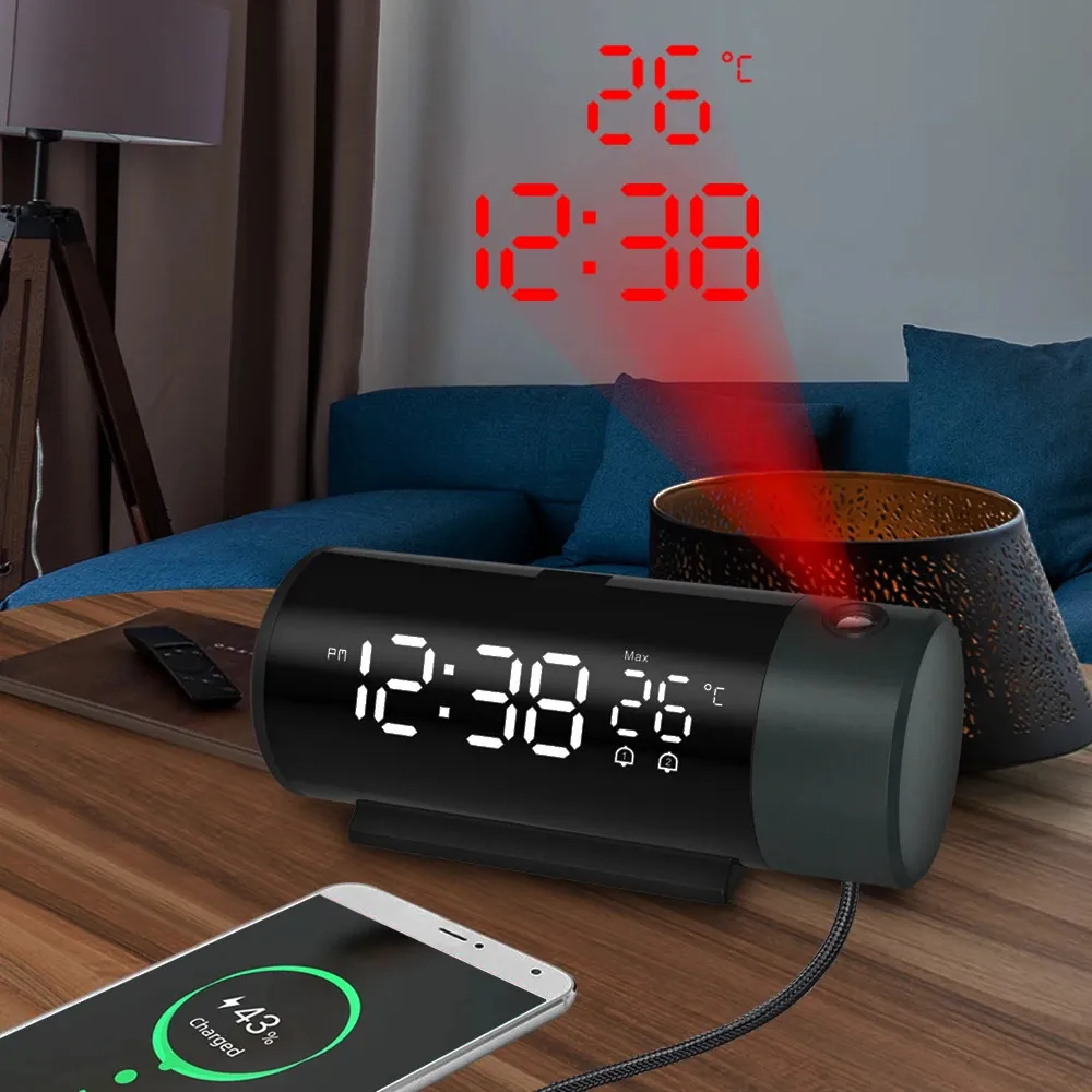 Masa Tablosu Saatleri Dijital Çalar Saat LED Elektronik Projektör Saat Süresi Projeksiyon Yatak Odası Başucu Otomatik Arka Işık Döndürme 231124