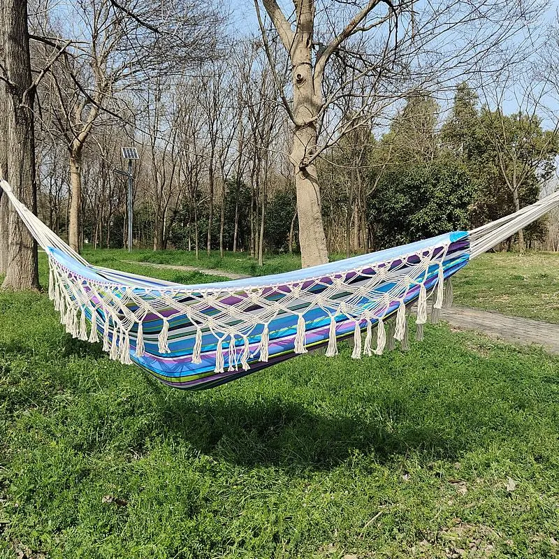 Mobili da campo Amaca in tela in stile nordico 2 persone Campeggio all'aperto Viaggio Letto da caccia Altalena da giardino Sedia sospesa con nappa