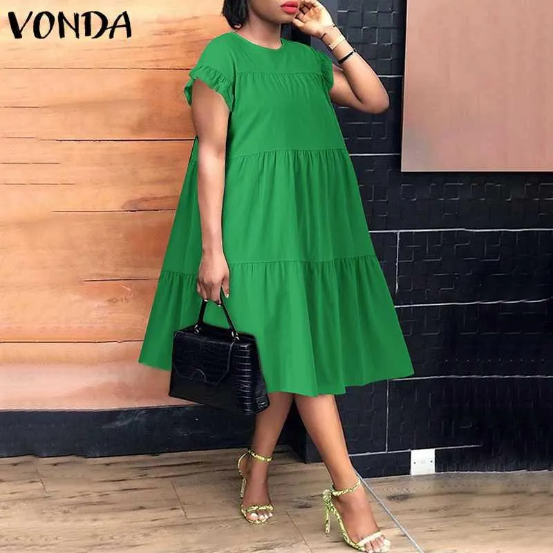 Pants Summer Dress Plus Size Women Vonda 2023 Bohemian Sundress Casual Crew Neck Loose Cotton Ruffled Dresses Holiday Party Vestidos