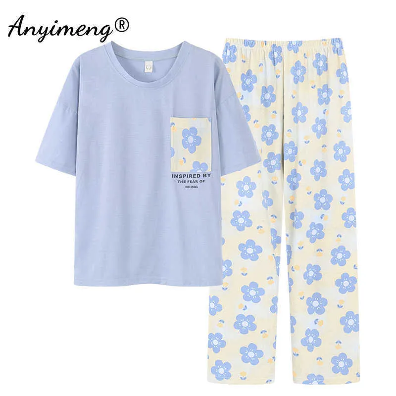 Kvinnors sömnkläder Nytt sommarblommigt tryck Pyjamas Set Polyer Sleepwear For Girls Fashion Cool Loungewear Loose Plus Size 4xl Women Pijamas