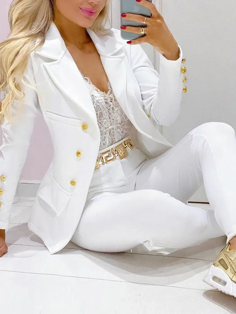 Women's Suits Blazers White Blazer Suit For Women Two Pieces Set Formal Long Sleeve Jacket and Trousers Office Ladies Business Suits Office Wear 230426