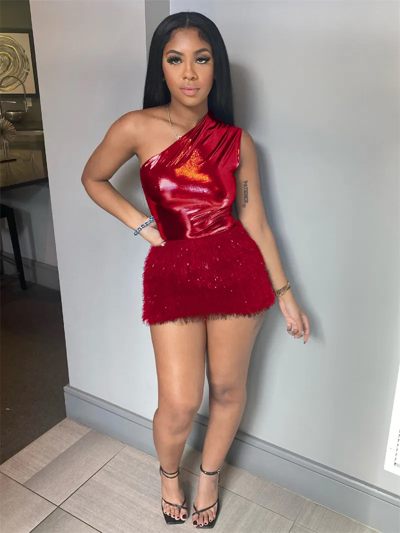 Sexy 2-Piece Club Outfit Bright PU Leather Bodysuit Mini Skirt